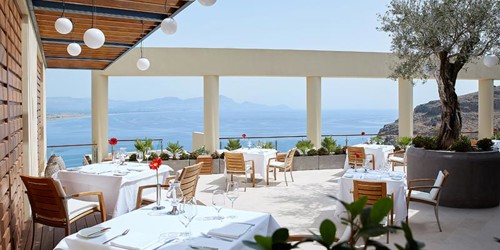 Five Senses restaurant with olive tree centrepiece at Lindos Blu, Rhodes